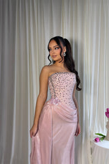 Graceful Dusty pink Strapless Sleeveless Mermaid Evening Dresses Column Gem With Pleats