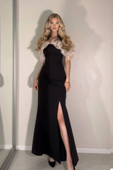 Glamorous Black Off The Shoulder Satin Mermaid Evening Dresses Column With High Split