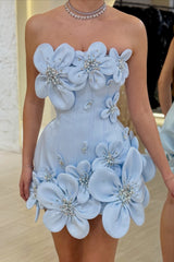 Graceful Sky Blue Strapless Sleeveless Satin Homecoming Dresses Mini With Pearls