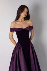 Glamorous Grape Off The Shoulder Satin Evening Dresses A-Line Floor Length With Pleats