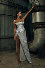 Dazzling Silver Sweetheart Strapless Sleeveless Mermaid Evening Dresses High Split With Lace-Up Back