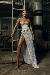 Dazzling Silver Sweetheart Strapless Sleeveless Mermaid Evening Dresses High Split With Lace-Up Back