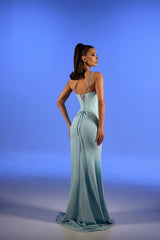 Glamorous Dusty Blue Spaghetti-Straps Sweetheart Sleeveless Satin Evening Dresses High Split With Lace-Up Back
