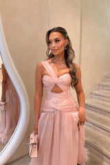 Graceful Dusty Pink One shoulder Sleeveless Evening Dresses High Split With Pleats Feather