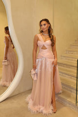 Graceful Dusty Pink One shoulder Sleeveless Evening Dresses High Split With Pleats Feather