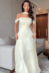 Graceful Off The Shoulder A-Line Evening Dresses Floor Length With Pleats