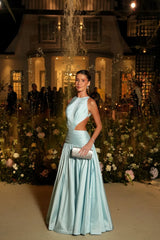 Graceful Dusty Blue Sleeveless Stain Evening Dresses A-Line Backless With Pleats