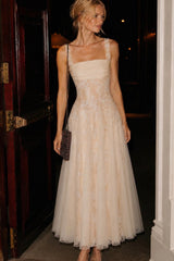 Glamorous Straps Sleeveless Lace Tulle Evening Dresses A-Line With Pleats