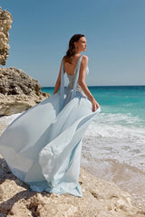 Glamorous Sky Blue Straps Sleeveless Chiffon Evening Dresses Gem With Pleats Zipper