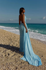 Graceful Blue V-Neck Spaghetti-Straps Sleeveless Evening Dresses Backless With High Split