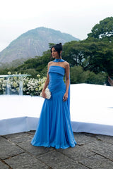 Glamorous Blue Strapless Sleeveless Chiffon Evening Dresses Floor Length With Pleats Zipper