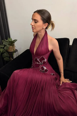 Glamorous Halter V-Neck Sleeveless A-Line Evening Dresses Gem With Pleats