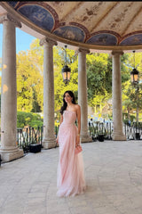 Pretty Pink Strapless Sleeveless Tulle Evening Dresses Gem Floor Length With Pleats