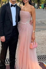 Pretty Pink Strapless Sleeveless Tulle Evening Dresses Gem Floor Length With Pleats