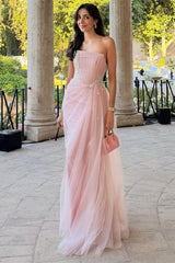 Pretty Pink Strapless Sleeveless Tulle Evening Dresses Gem Floor Length With Pleats
