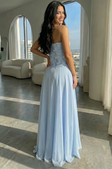 Chic Sky Blue Strapless Sleeveless Chiffon Evening Dresses Beads With Lace-Up Back