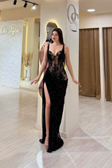 Romantic Black Sweetheart Straps Sleeveless Mermaid Evening Dresses Sheath With High Split