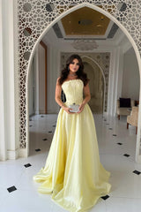 Pretty Daffodil Strapless Sleeveless Satin Evening Dresses A-Line Floor Length With Pleats