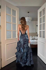 Chic V-Neck Halter Sleeveless Mermaid Evening Dresses High Split With Lace-Up Back