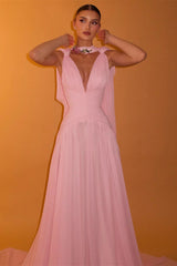 Romantic Pink V-Neck Sleeveless Chiffon Evening Dresses Floor Length With Pleats