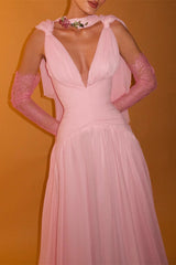 Romantic Pink V-Neck Sleeveless Chiffon Evening Dresses Floor Length With Pleats