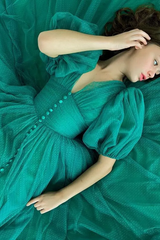 Romantic V-Neck Short Sleeves Tulle Evening Dresses Ankle Length With Pleats