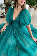 Romantic V-Neck Short Sleeves Tulle Evening Dresses Ankle Length With Pleats