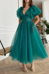 Romantic V-Neck Short Sleeves Tulle Evening Dresses Ankle Length With Pleats