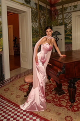Timeless Pink Strapless Sleeveless Mermaid Satin Evening Dresses Sheath With Lace-up Back