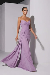 Glamorous Lavender Sweetheart Strapless Sleeveless Chiffon Evening Dresses Mermaid With Zipper