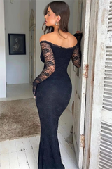Glamorous Black V-Neck Long Sleeves Mermaid Sheath Floor Length Evening Dresses