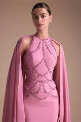 Graceful Dusty Pink Halter Sleeveless Mermaid Evening Dresses Beads With Wrap