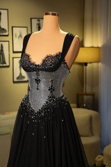 Elegant Black Sweetheart Straps Sleeveless Evening Dresses A-Line With Gem Pleats