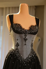 Elegant Black Sweetheart Straps Sleeveless Evening Dresses A-Line With Gem Pleats