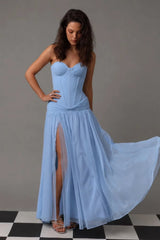 Timeless Sky Blue Sweetheart Strapless Sleeveless Chiffon Evening Dresses Side Split With Lace-Up Back