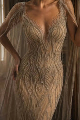 Romantic V-Neck Sleeveless Sequins Mermaid Evening Dresses Column Backless With Cape