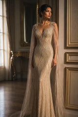 Romantic V-Neck Sleeveless Sequins Mermaid Evening Dresses Column Backless With Cape