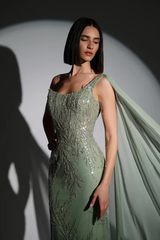 Glamorous Dusty Sage One Shoulder Sleeveless Mermaid Evening Dresses Sheath Sequins With Beads