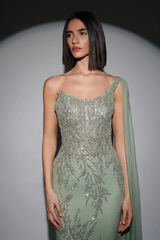 Glamorous Dusty Sage One Shoulder Sleeveless Mermaid Evening Dresses Sheath Sequins With Beads