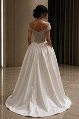 Graceful Off The Shoulder Satin Evening Dresses A-Line Gem Pockets With Pleats Zipper