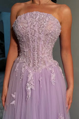 Elegant Lilac Strapless Sleeveless Tulle Evening Dresses A-Line With Beads