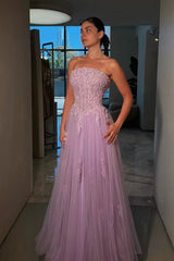 Elegant Lilac Strapless Sleeveless Tulle Evening Dresses A-Line With Beads