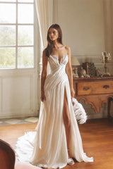 Elegant V-Neck Strapless Sleeveless Evening Dresses High Split With Zipper Pleats