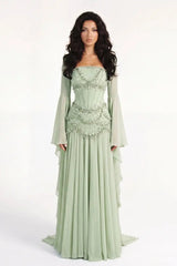 Timeless Dusty Sage Strapless Sleeveless Chiffon Evening Dresses Beads Pearls With Lace-Up Back
