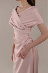 Romantic Dusty Rose Short Sleeves Satin Evening Dresses Floor Length With Lace-Up Back