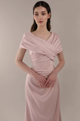 Romantic Dusty Rose Short Sleeves Satin Evening Dresses Floor Length With Lace-Up Back