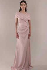 Romantic Dusty Rose Short Sleeves Satin Evening Dresses Floor Length With Lace-Up Back