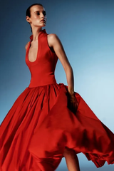 Elegant Red Sleeveless Satin Evening Dresses A-Line With Pleats