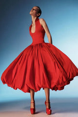 Elegant Red Sleeveless Satin Evening Dresses A-Line With Pleats