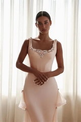 Graceful Straps Sleeveless Satin Tulle Mermaid Evening Dresses Backless Gem With Pleats